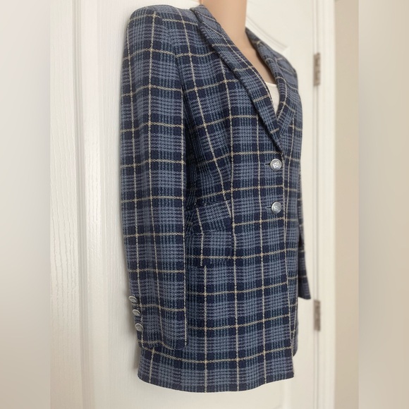 Escada Vintage 1980’s Blue Plaid Blazer Double E Logo Buttons, Size 36 - Picture 4 of 15